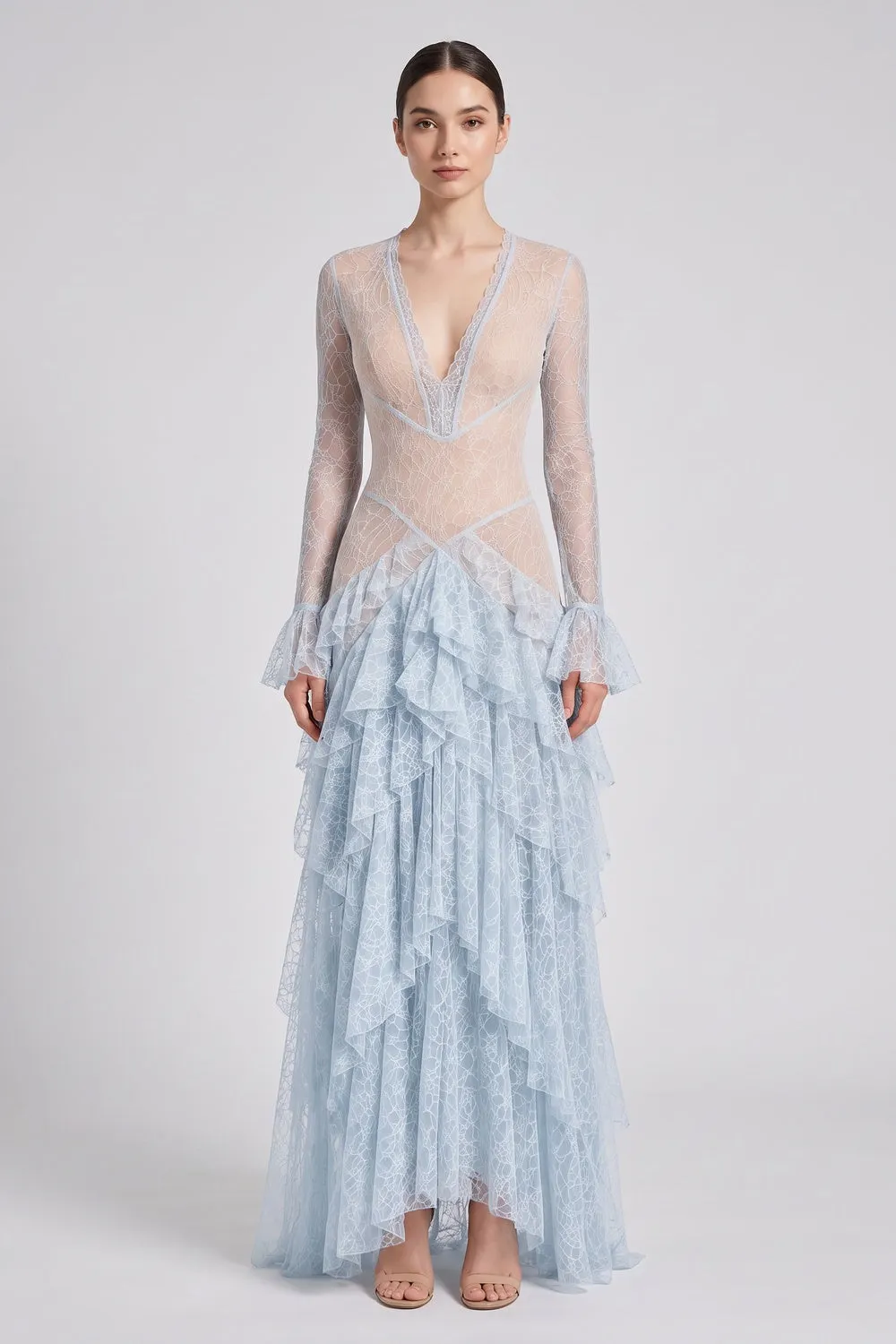 Light Blue Floral Lace Tiered A-Line Gown - OWNCI