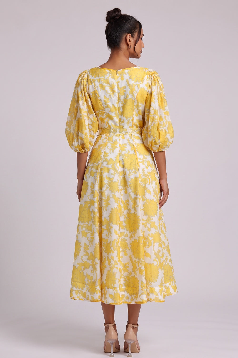 Yellow Floral Midi Dress with Belt - OWNCI Yellow Floral Midi Dress with Belt - OWNCI