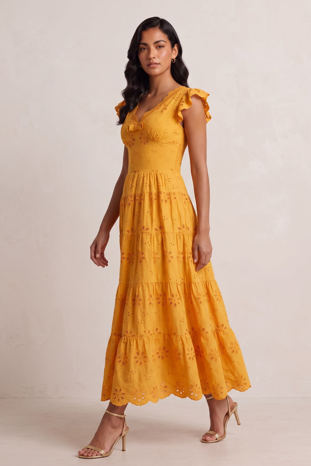 Scallop V-Neck Ruffle Sleeve Eyelet Tiered Midi Dress - OWNCI