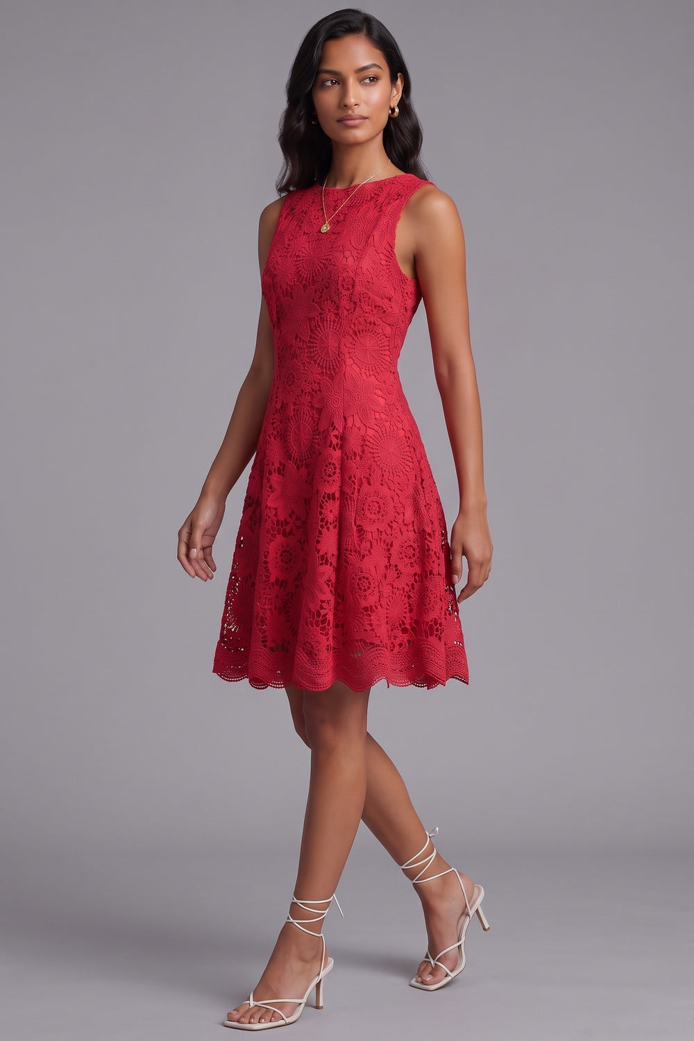 Red Guipure Lace Fit-and-Flare Dress - OWNCI