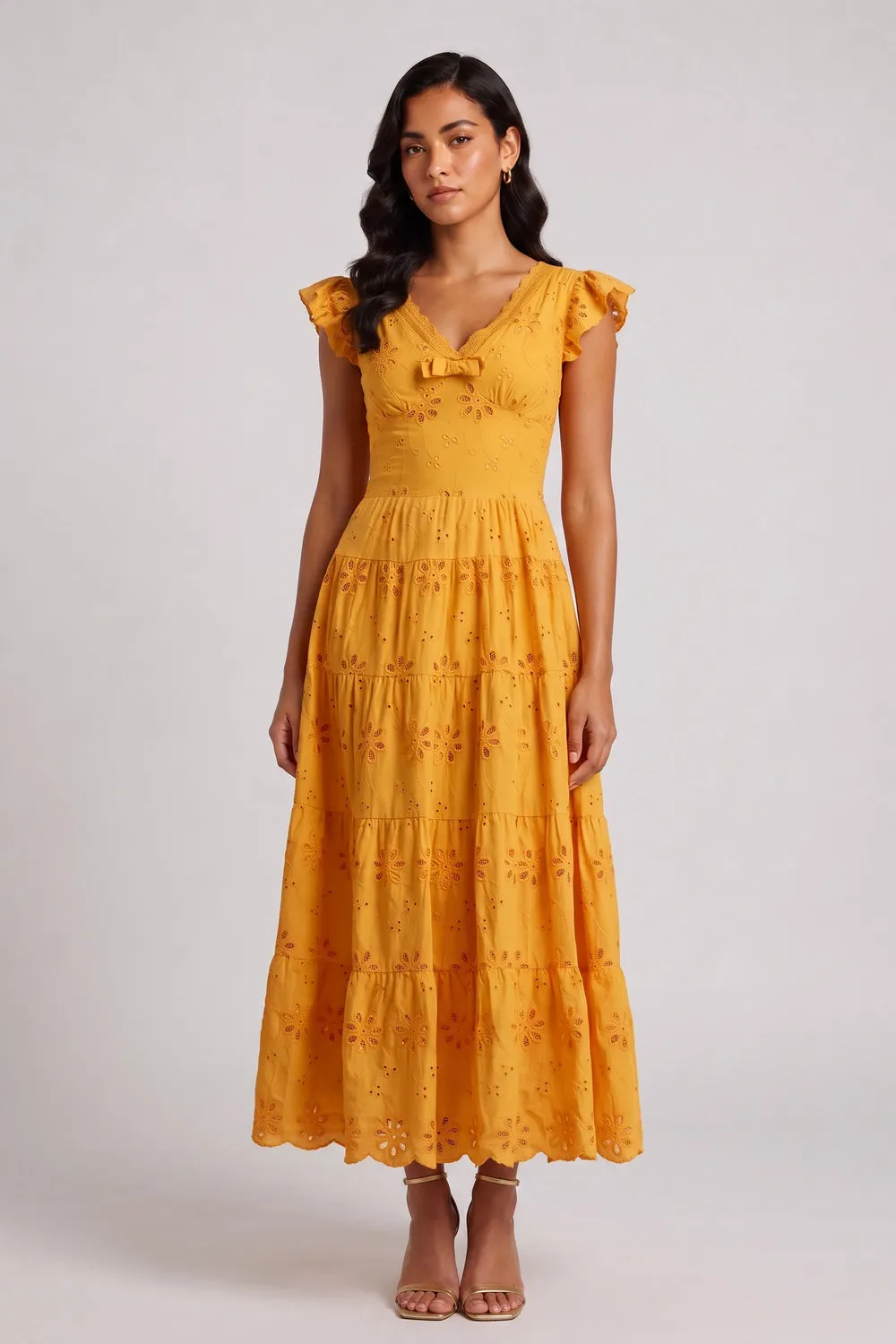 Scallop V-Neck Ruffle Sleeve Eyelet Tiered Midi Dress - OWNCI Scallop V-Neck Ruffle Sleeve Eyelet Tiered Midi Dress - OWNCI