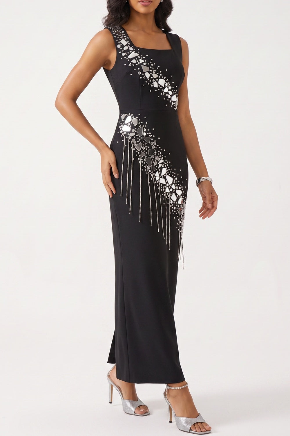 Sleeveless Square Neck Rhinestone Fringe Midi Bodycon Dress - OWNCI Sleeveless Square Neck Rhinestone Fringe Midi Bodycon Dress - OWNCI