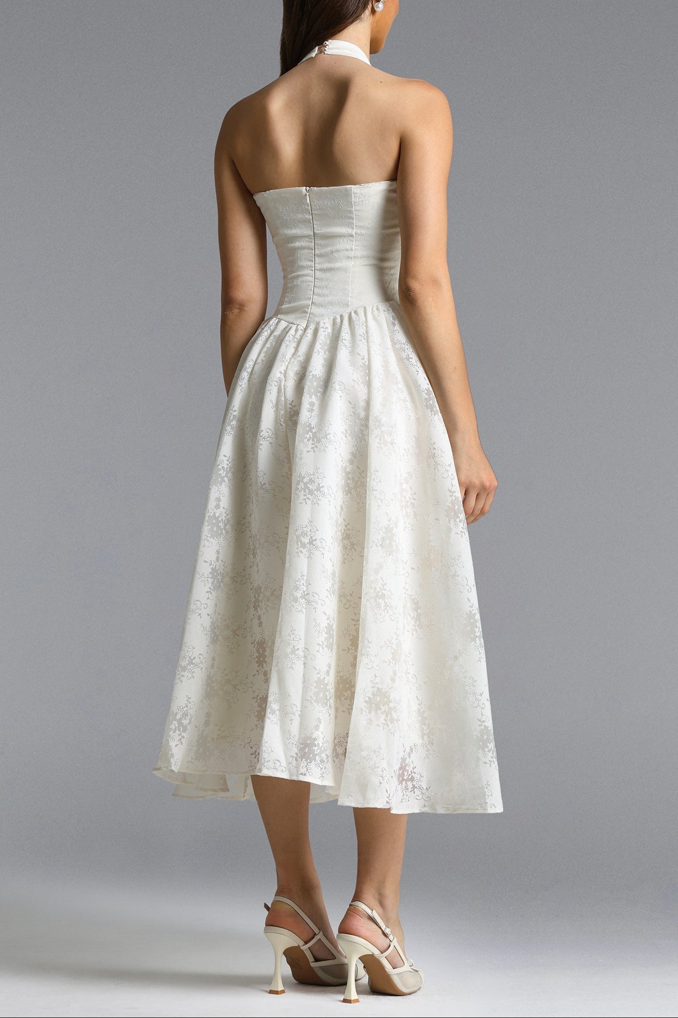 Delaney White Halter Floral Jacquard Midi Dress - OWNCI Delaney White Halter Floral Jacquard Midi Dress - OWNCI