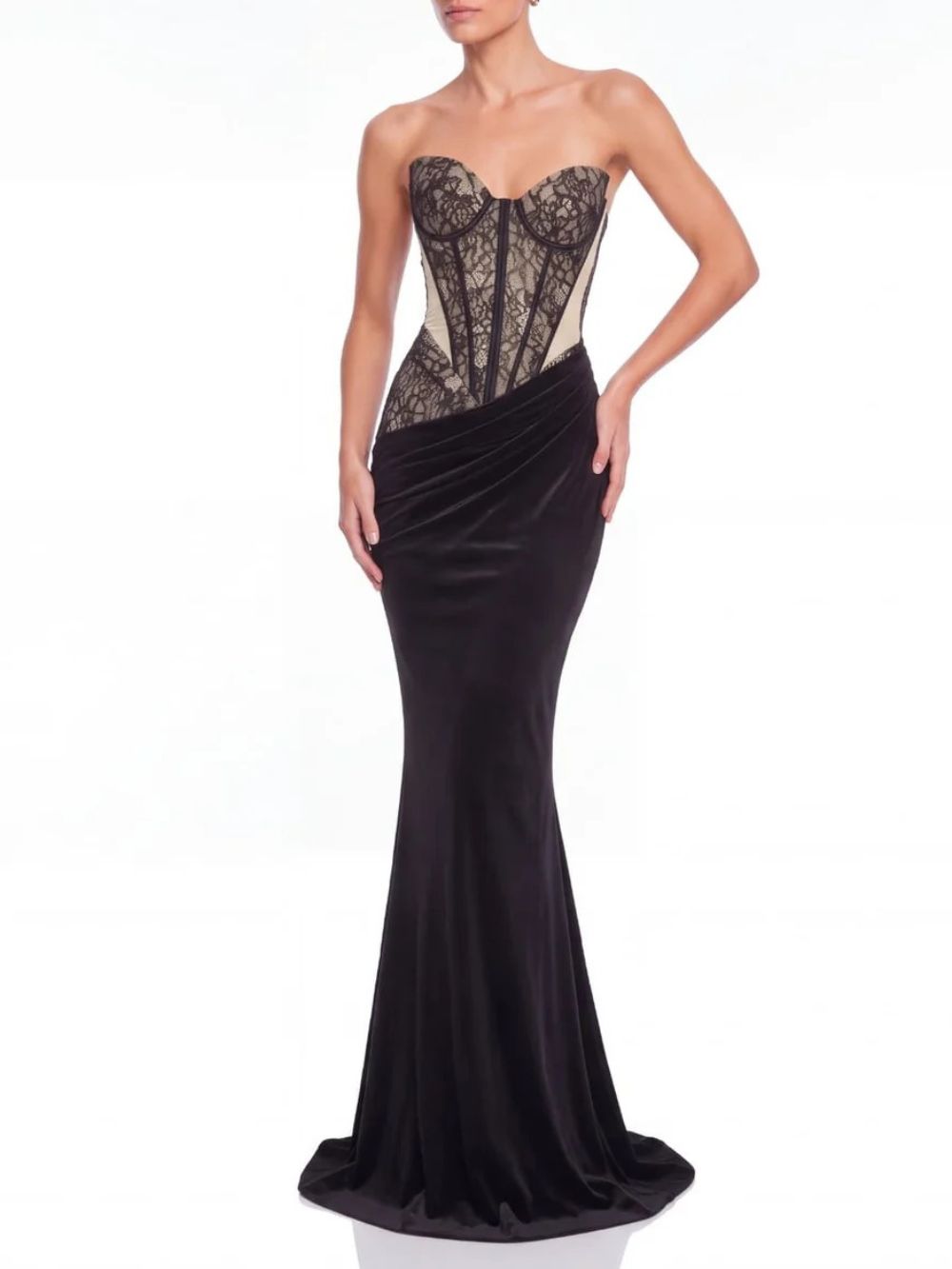 Xervik Strapless Lace Satin Maxi Dress In Black - OWNCI