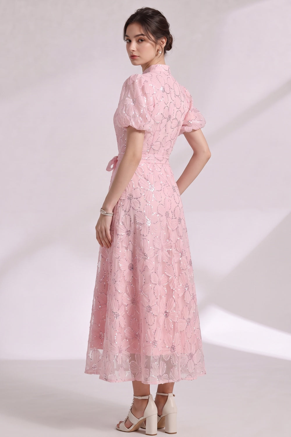 Light Pink Sheer Organza A-Line Midi Dress with Floral Applique - OWNCI Light Pink Sheer Organza A-Line Midi Dress with Floral Applique - OWNCI