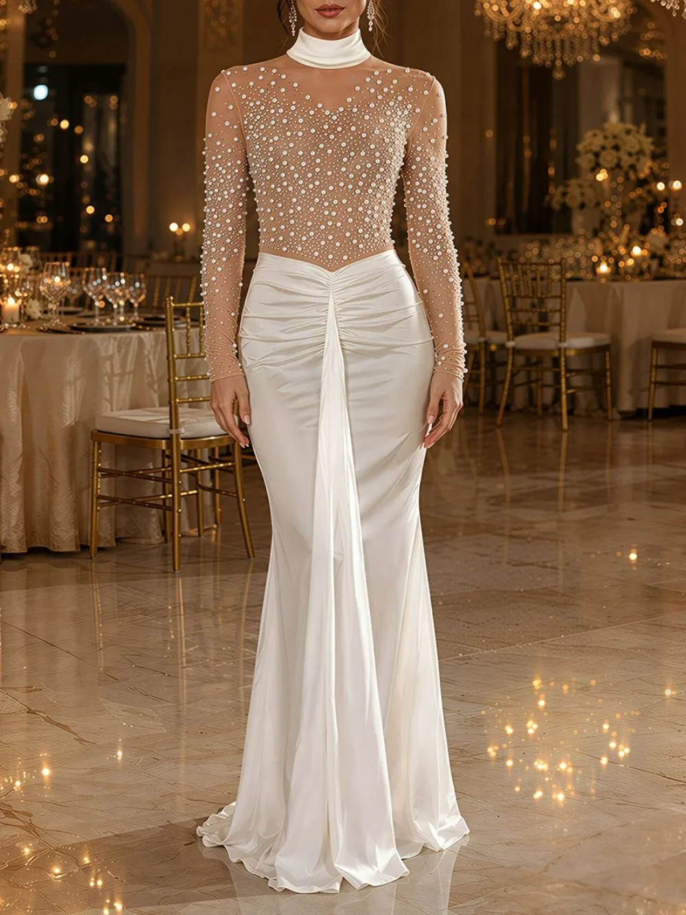 Melena Pearl Embellished Long Sleeve Maxi Dress - OWNCI