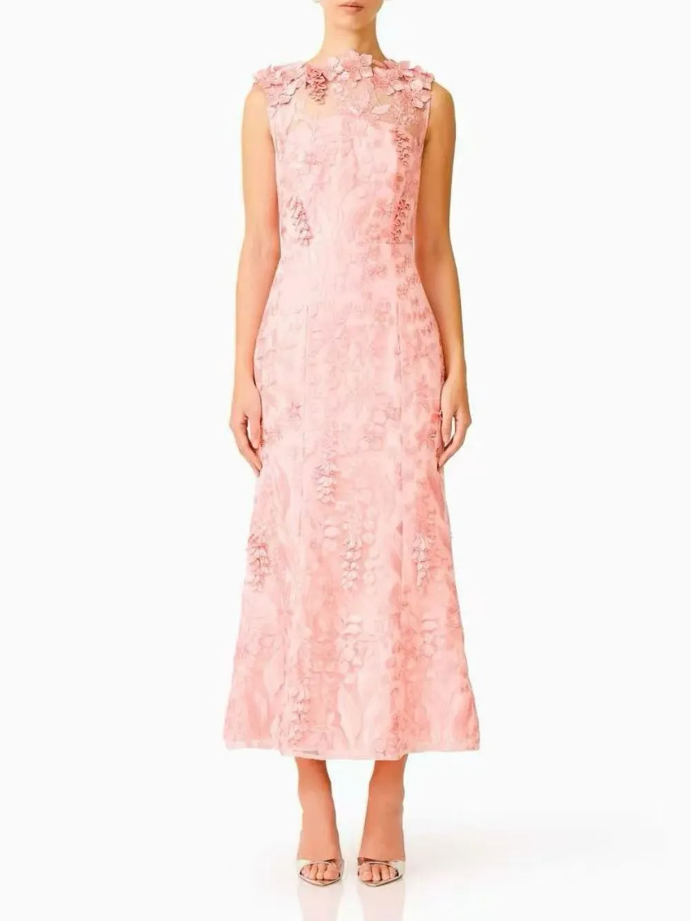 Melaney Pink Sleeveless Flower Embroidery Midi Dress - OWNCI