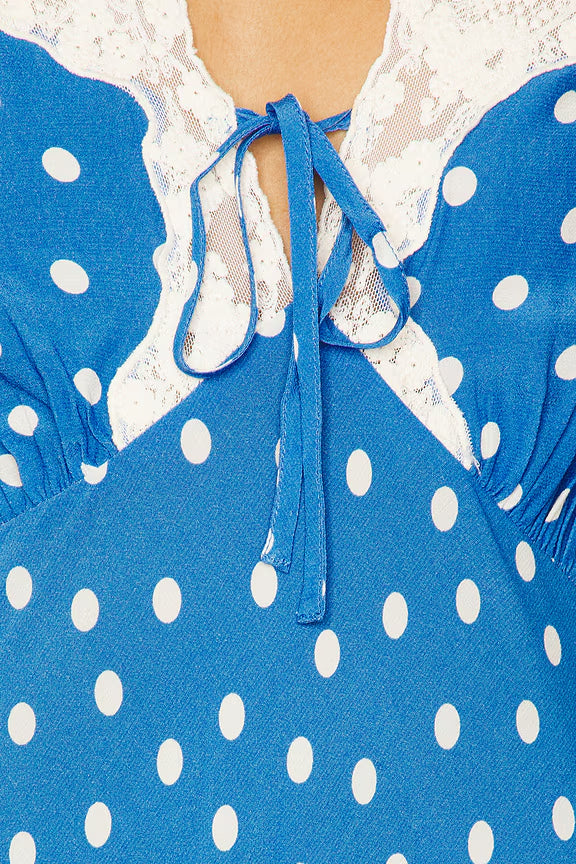 Lyuba Polka Dot Lace-Trimmed V-Neck Maxi Dress In Blue - OWNCI Lyuba Polka Dot Lace-Trimmed V-Neck Maxi Dress In Blue - OWNCI
