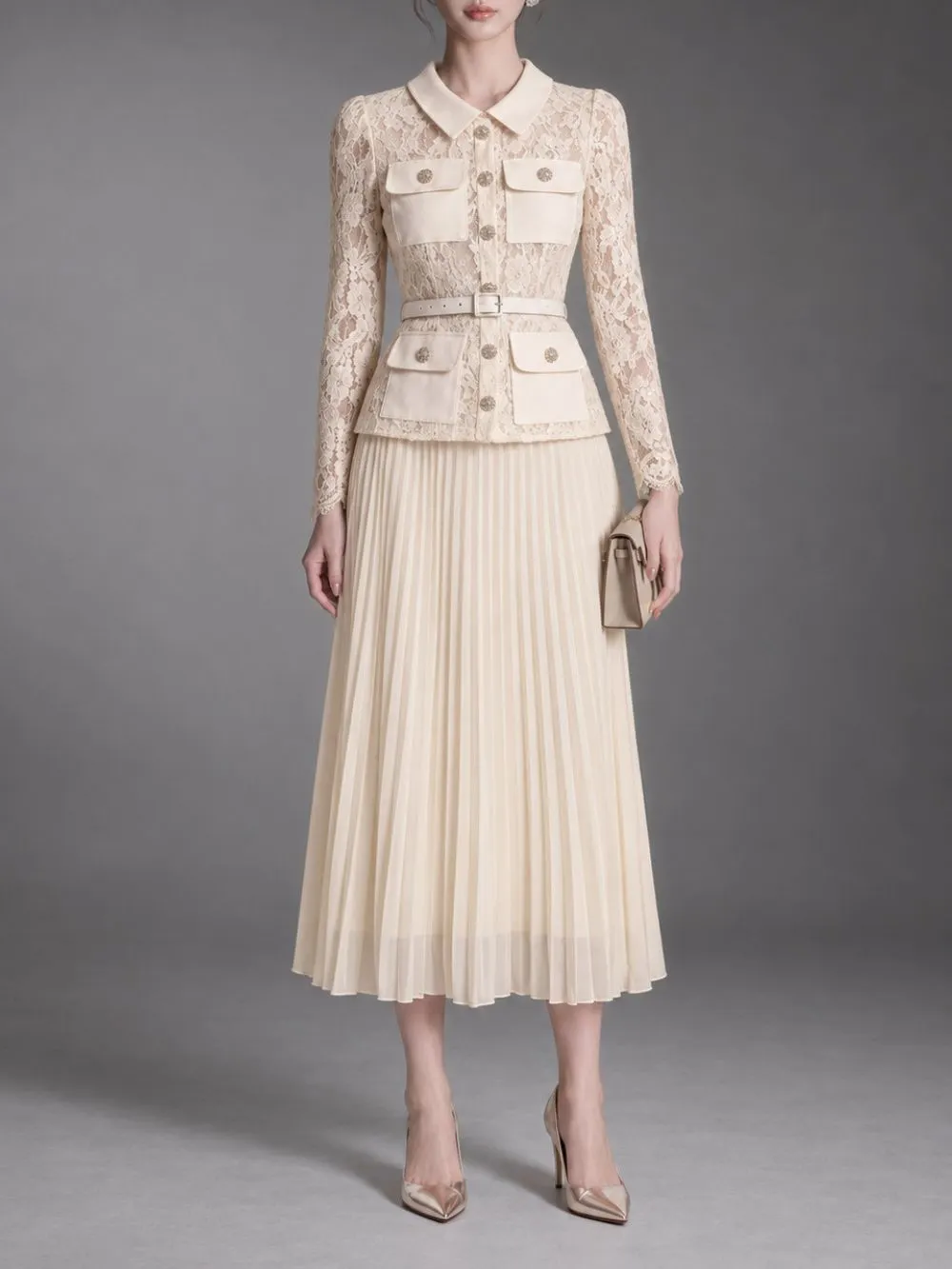 Meritt Lace Long Sleeve Pleated Midi Dress - OWNCI Meritt Lace Long Sleeve Pleated Midi Dress - OWNCI