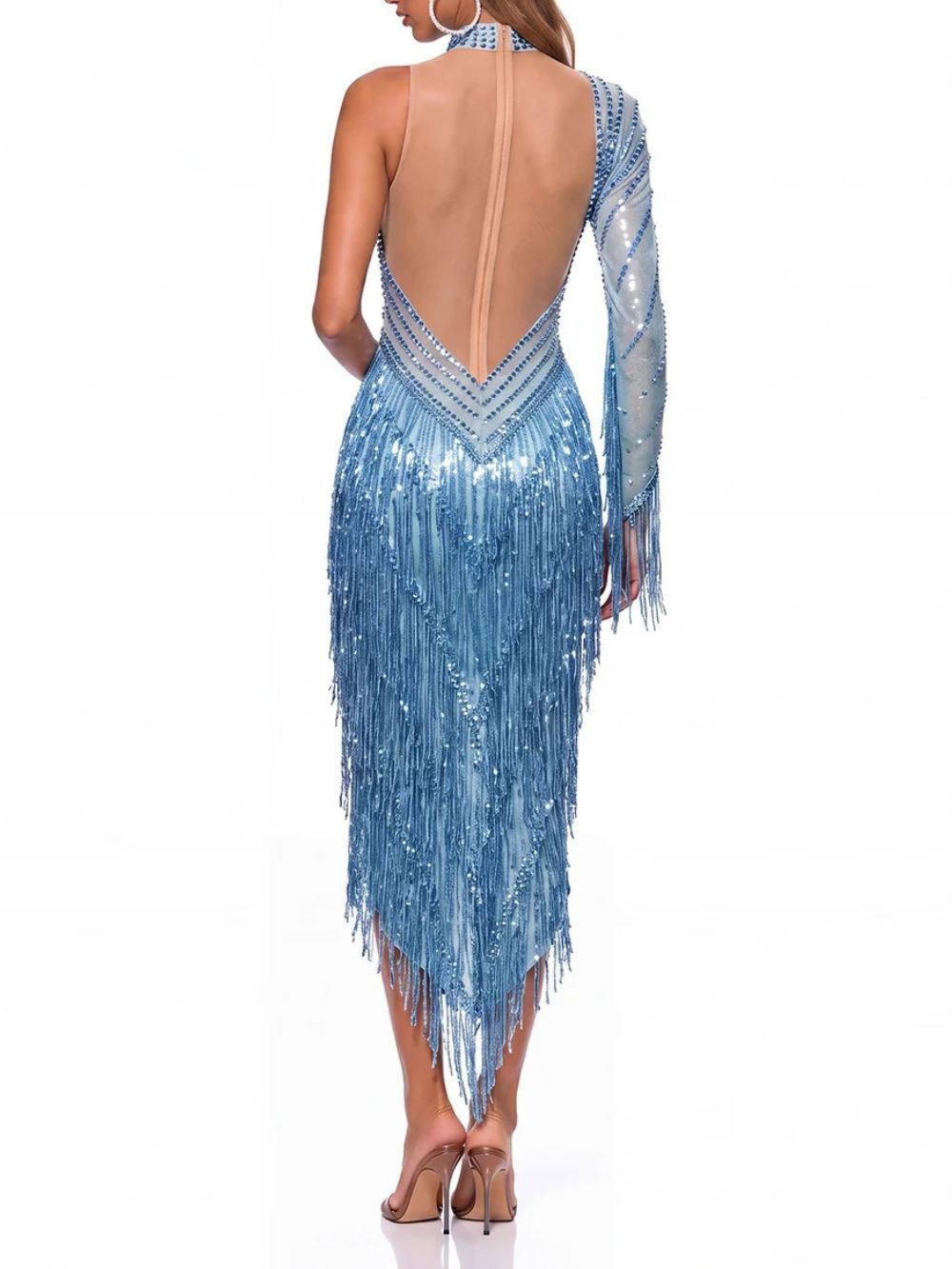 Solvian One Shoulder Rhinestone Fringe Bodysuit - OWNCI