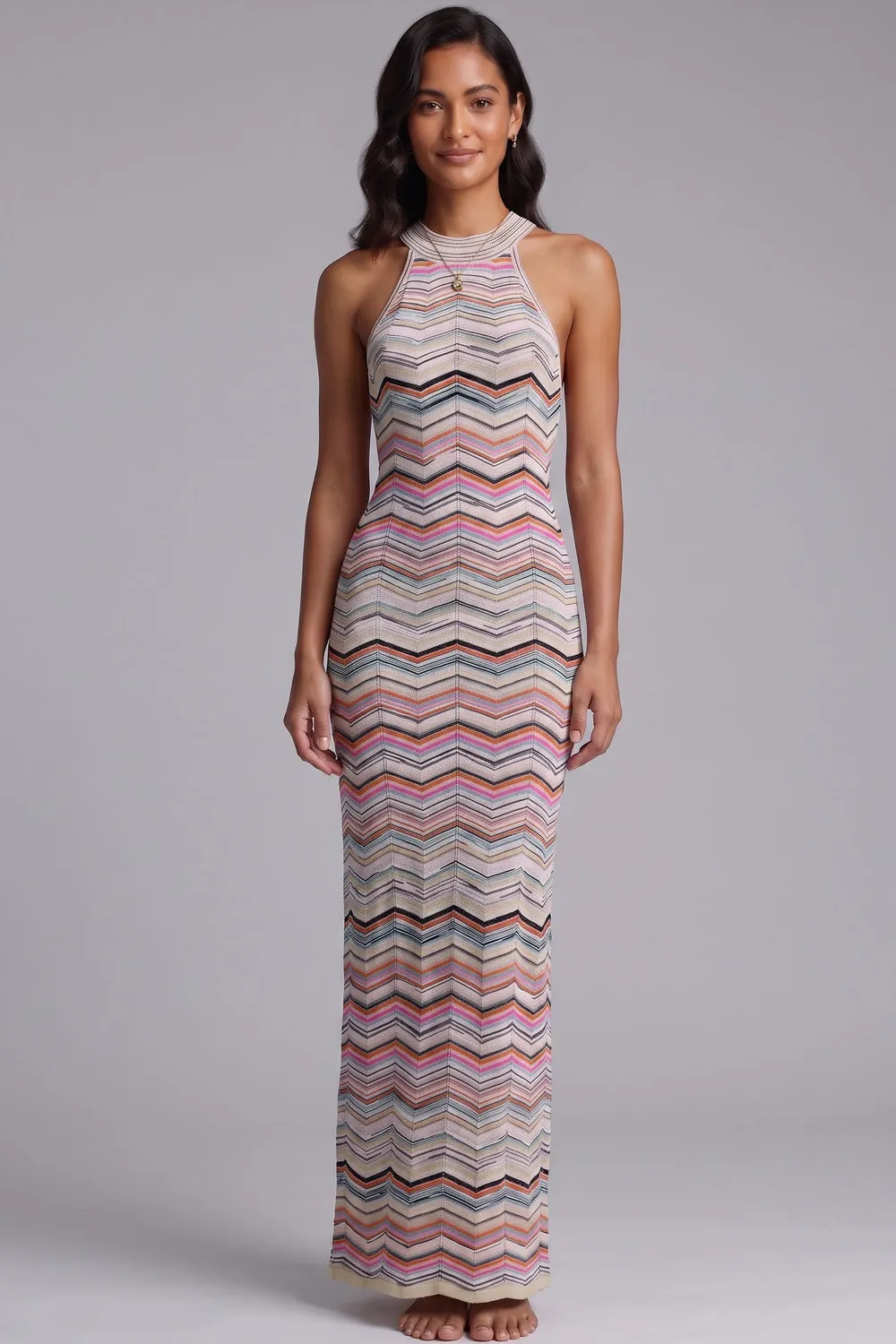 Vibrant Chevron Halter Knit Maxi Dress - OWNCI