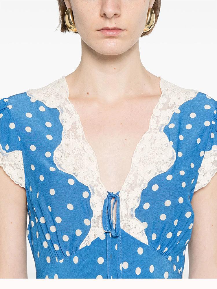 Lyuba Polka Dot Lace-Trimmed V-Neck Maxi Dress In Blue - OWNCI Lyuba Polka Dot Lace-Trimmed V-Neck Maxi Dress In Blue - OWNCI