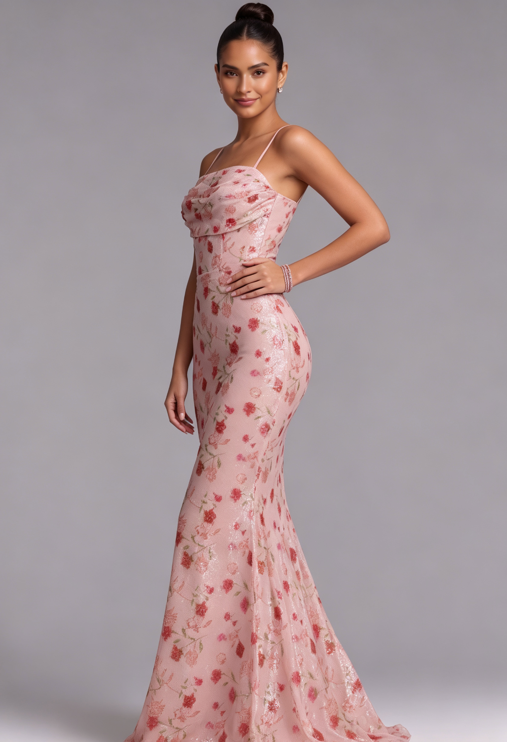 Blush Pink Floral Sequin Mermaid Gown with Lace-Up Back - OWNCI Blush Pink Floral Sequin Mermaid Gown with Lace-Up Back - OWNCI