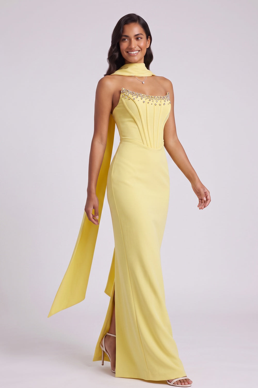 Yellow Halter Maxi Dress with Open Back and Bow Detail - OWNCI Yellow Halter Maxi Dress with Open Back and Bow Detail - OWNCI