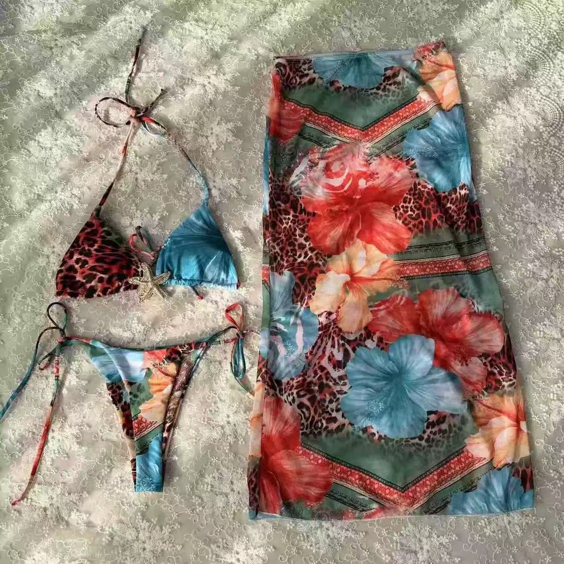 Leopard Floral Mix‑Print Halter Bikini Set With Starfish Hardware - OWNCI