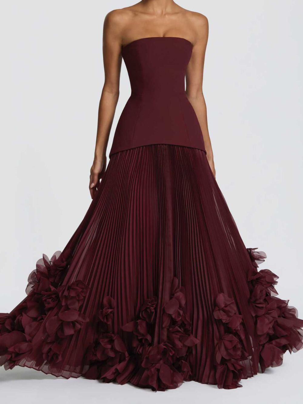 Ovarq Strapless Pleated Flower Maxi Dress In Wine - OWNCI Ovarq Strapless Pleated Flower Maxi Dress In Wine - OWNCI