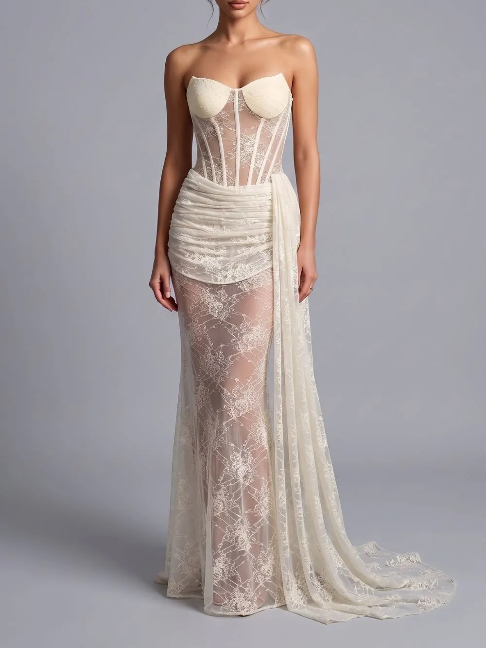 Strapless Draped Lace Bustier Maxi Dress - OWNCI Strapless Draped Lace Bustier Maxi Dress - OWNCI