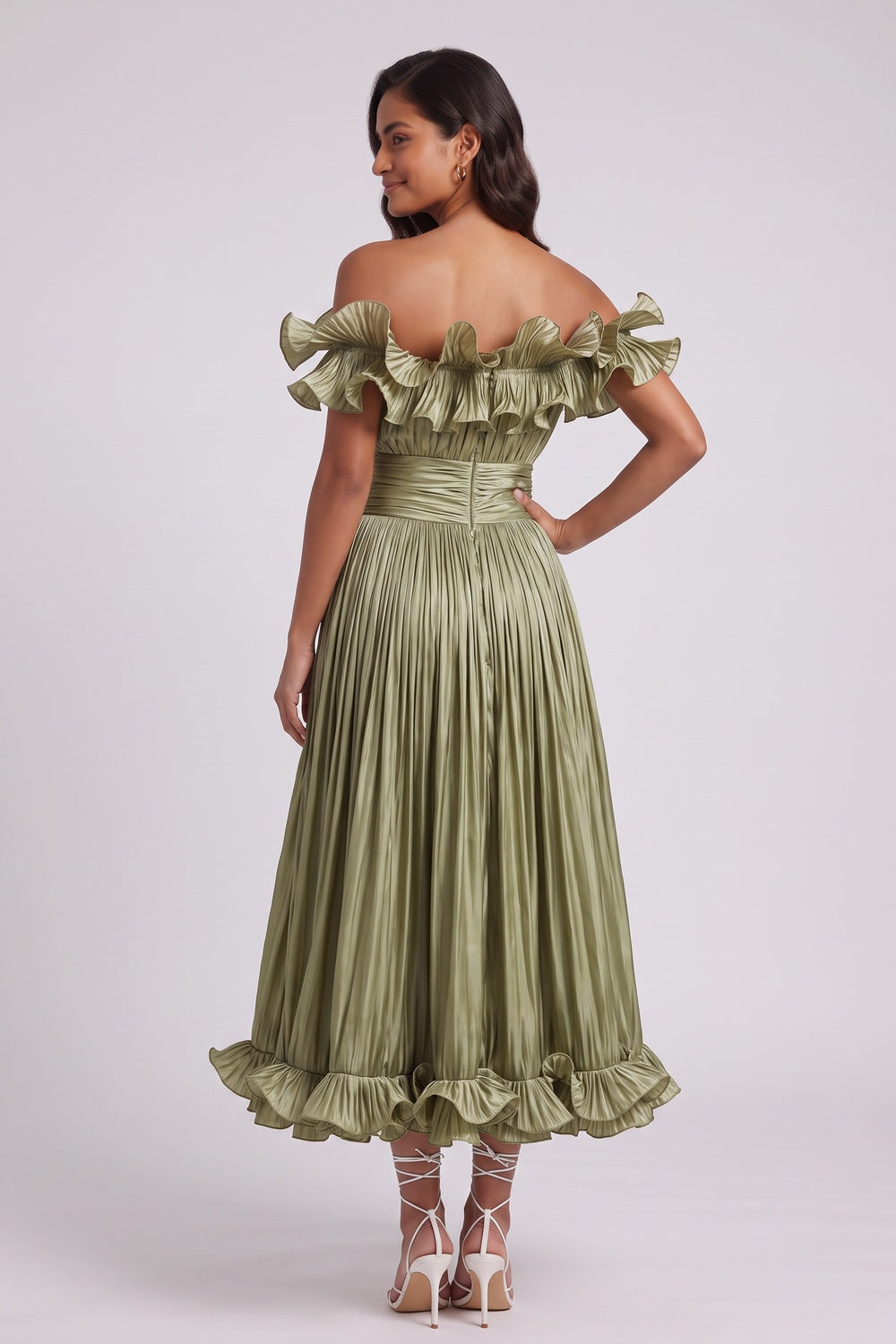 Olive Green Pleated Satin Or Taffeta Fit-And-Flare, Off-The-Shoulder Midi Dress - OWNCI Olive Green Pleated Satin Or Taffeta Fit-And-Flare, Off-The-Shoulder Midi Dress - OWNCI