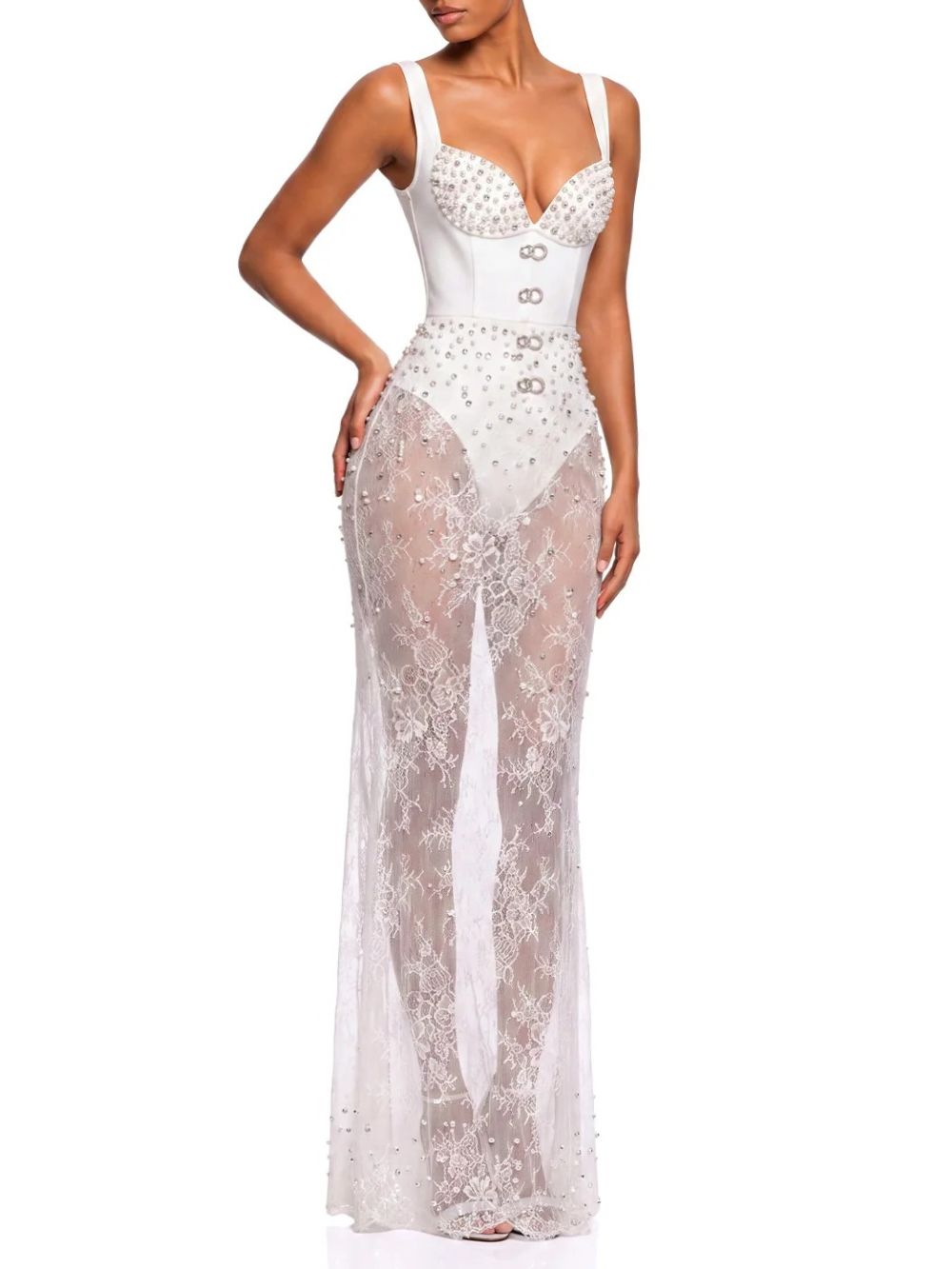 Vynora V Neck Pearl Lace Maxi Dress - OWNCI Vynora V Neck Pearl Lace Maxi Dress - OWNCI