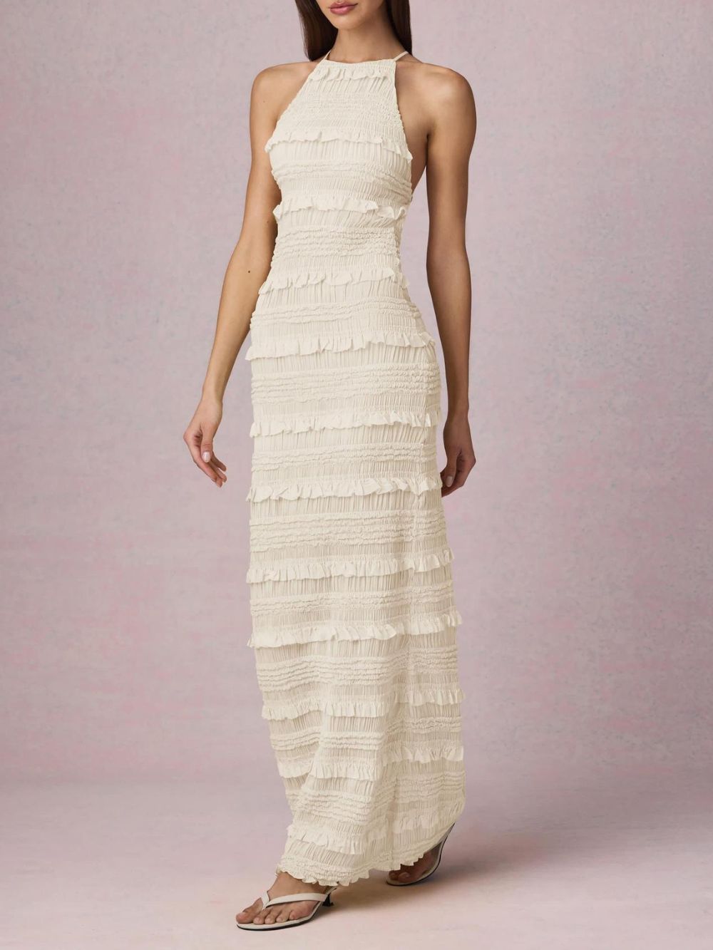 Mercedes White Halter Ruffle Backless Maxi Dress - OWNCI
