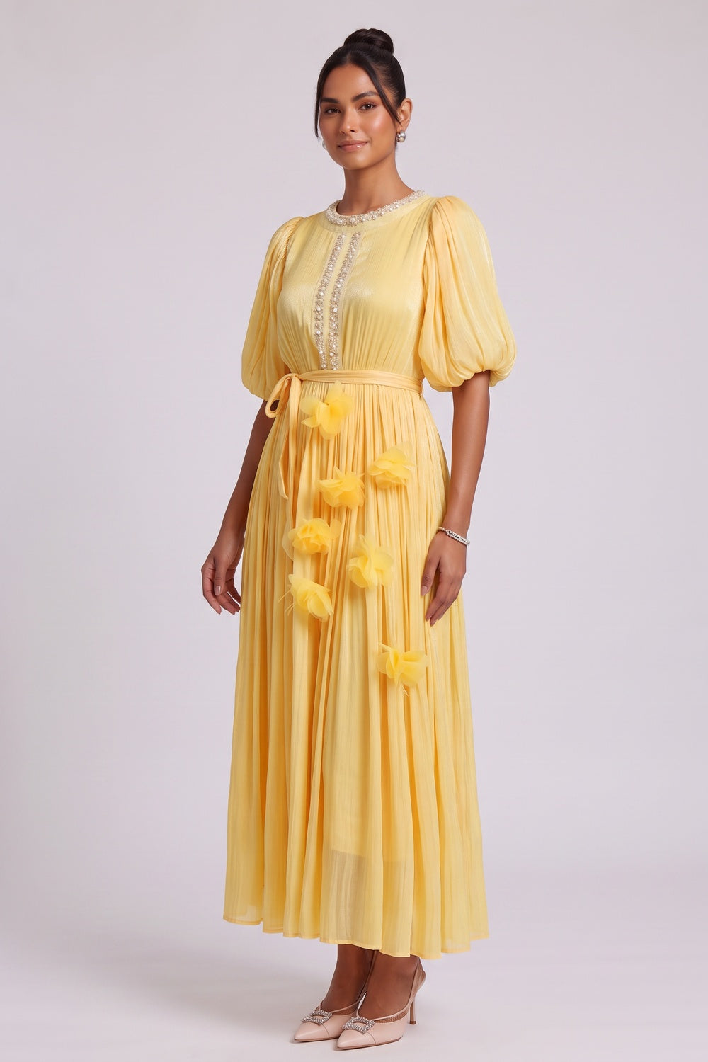 Yellow Midi Dress with Beaded Neckline and 3D Floral Appliqués - OWNCI Yellow Midi Dress with Beaded Neckline and 3D Floral Appliqués - OWNCI