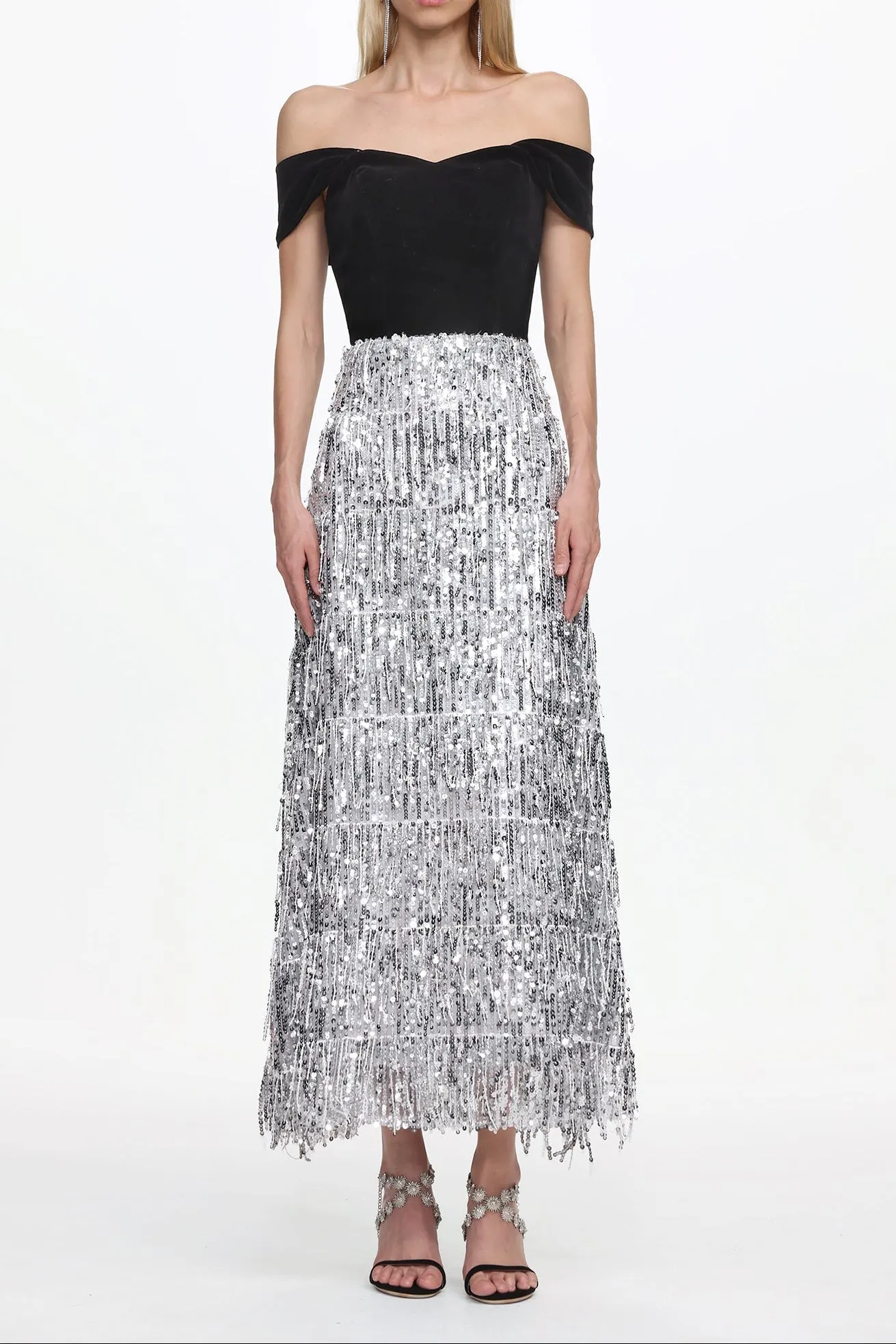 Merrit Off Shoulder Fringe Velvet Maxi Dress - OWNCI Merrit Off Shoulder Fringe Velvet Maxi Dress - OWNCI