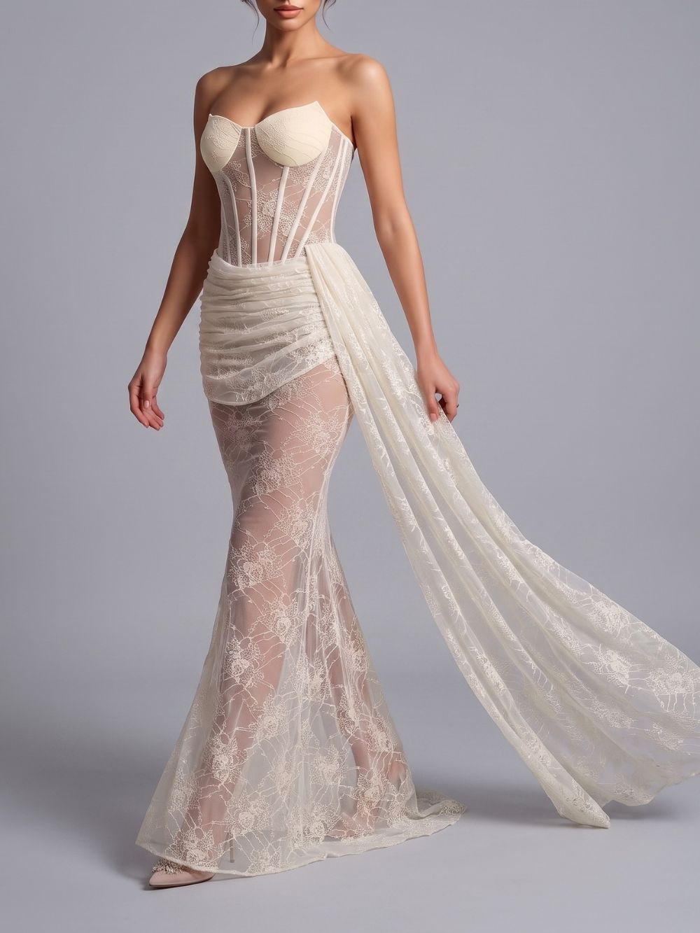 Strapless Draped Lace Bustier Maxi Dress - OWNCI