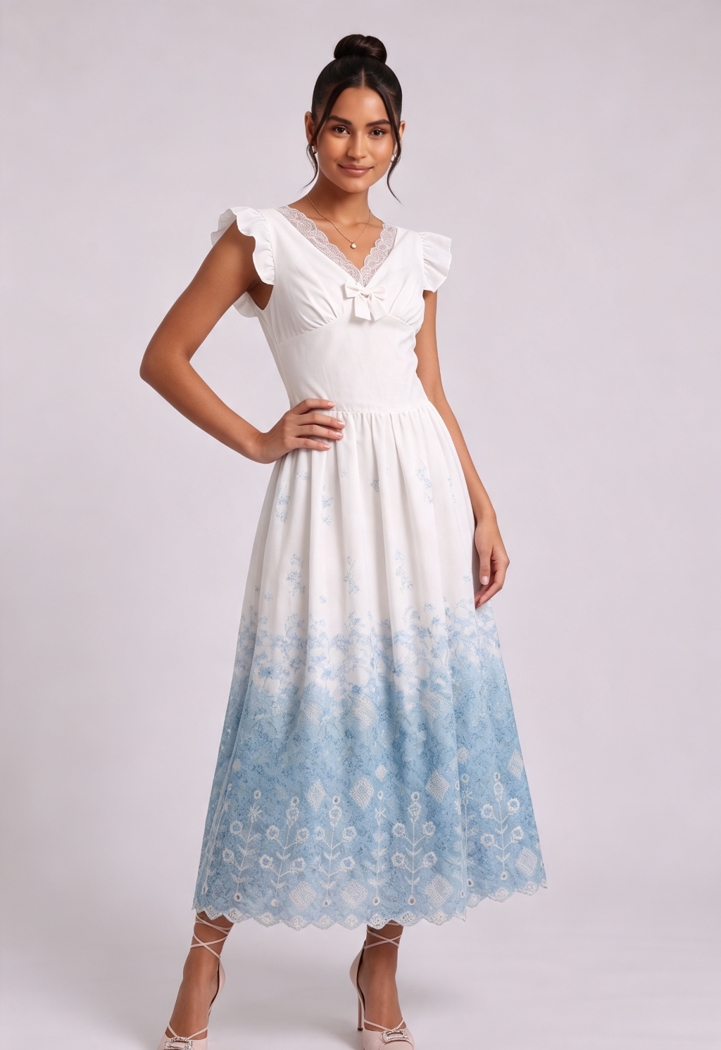 White Cotton Woven Fit-and-Flare Midi Dress with Gradient Floral and Eyelet - OWNCI White Cotton Woven Fit-and-Flare Midi Dress with Gradient Floral and Eyelet - OWNCI