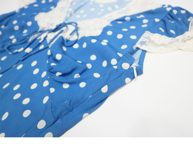 Lyuba Polka Dot Lace-Trimmed V-Neck Maxi Dress In Blue - OWNCI Lyuba Polka Dot Lace-Trimmed V-Neck Maxi Dress In Blue - OWNCI