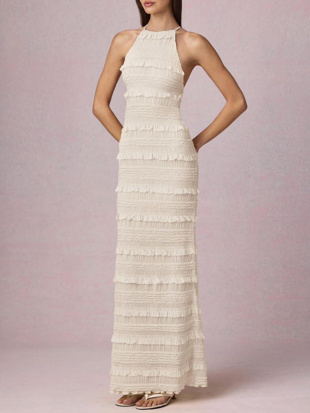 Mercedes White Halter Ruffle Backless Maxi Dress - OWNCI