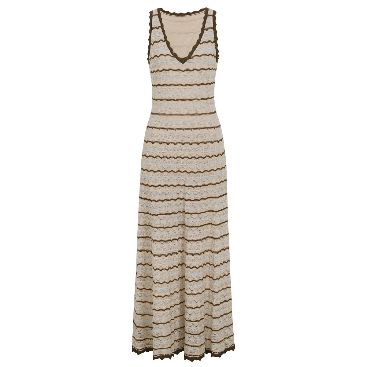 Beige Crochet-Style Knit A-Line Maxi Dress - OWNCI Beige Crochet-Style Knit A-Line Maxi Dress - OWNCI