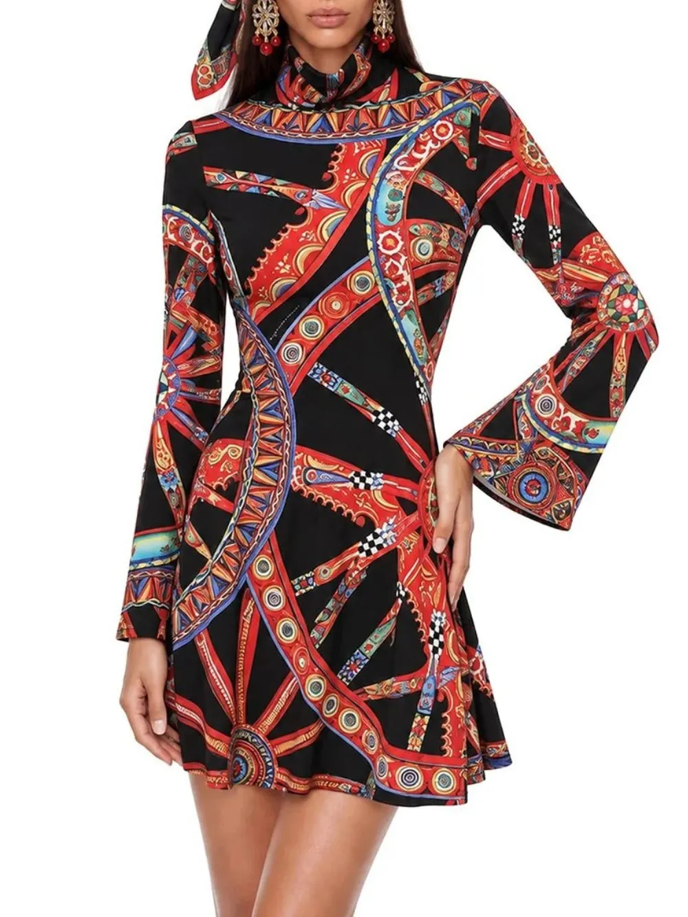 Tervik Bell Sleeve Printed Mini Dress - OWNCI Tervik Bell Sleeve Printed Mini Dress - OWNCI