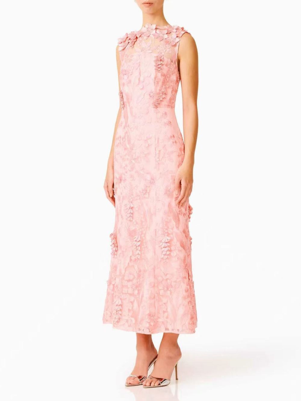Melaney Pink Sleeveless Flower Embroidery Midi Dress - OWNCI