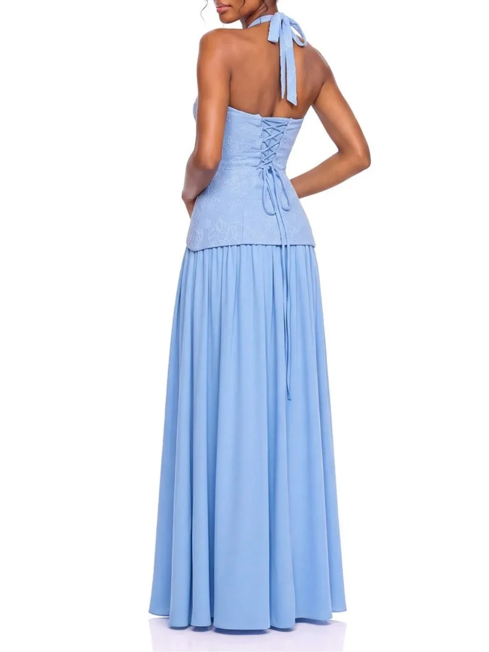 Jovyna Halterneck Flared Maxi Dress In Blue - OWNCI