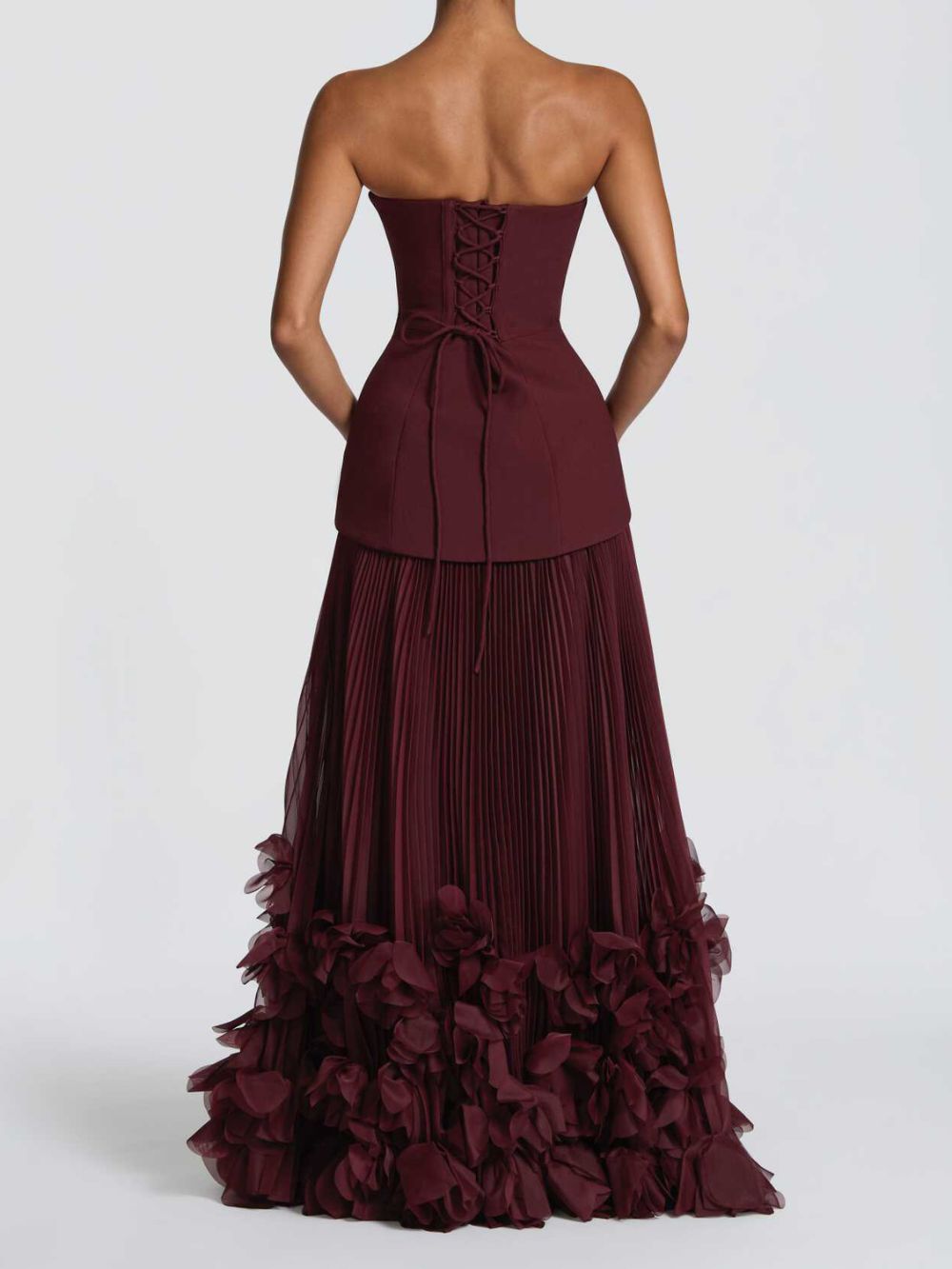 Ovarq Strapless Pleated Flower Maxi Dress In Wine - OWNCI