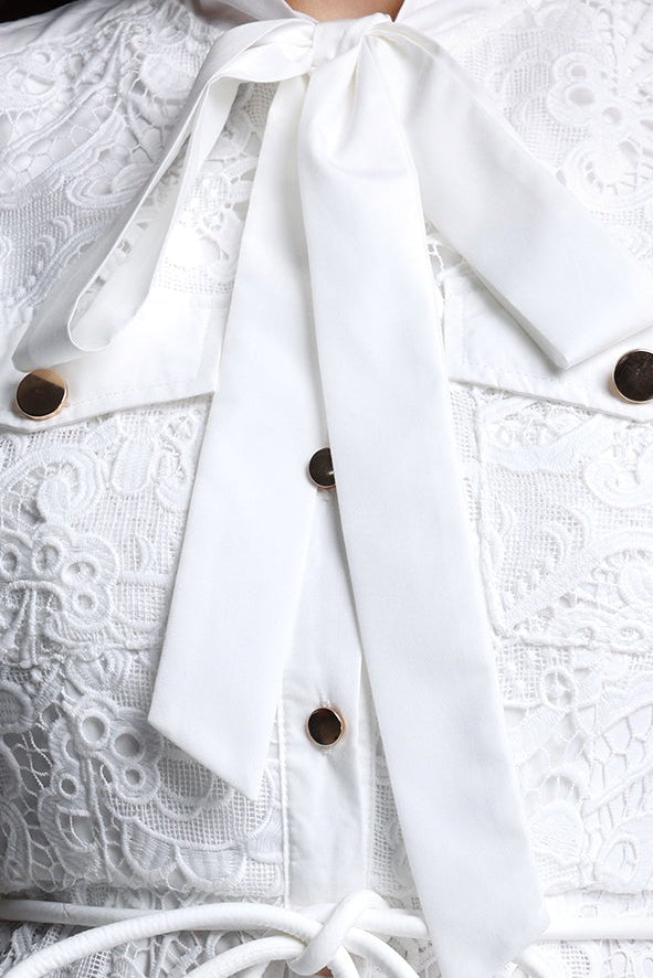 White Sleeveless Tie Neck Cargo Pocket Lace Midi Shirt Dress - OWNCI White Sleeveless Tie Neck Cargo Pocket Lace Midi Shirt Dress - OWNCI