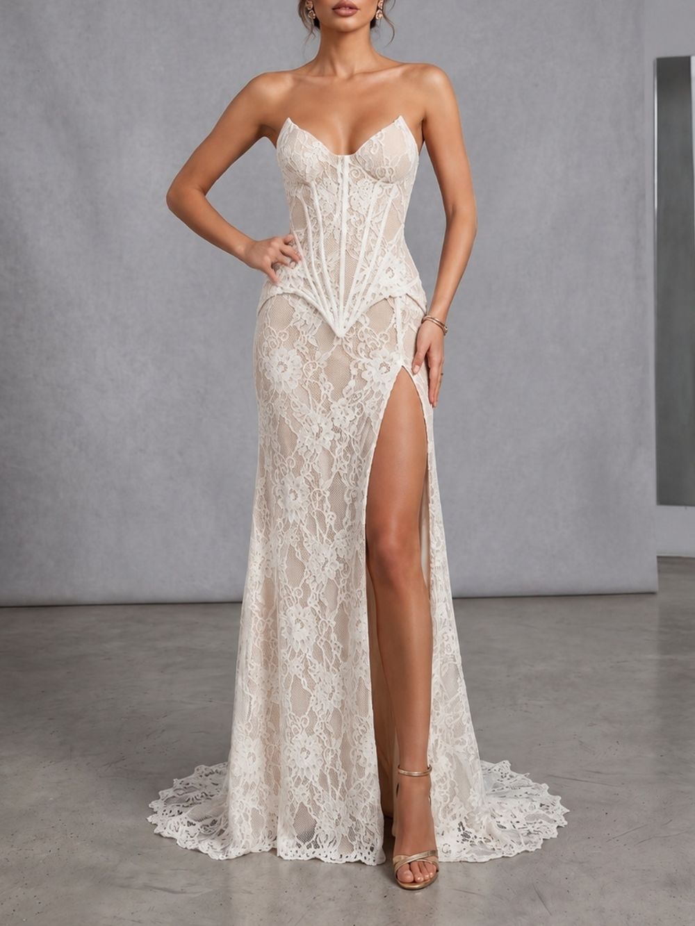 Strapless Lace Corset Two Piece Maxi Dress White - OWNCI Strapless Lace Corset Two Piece Maxi Dress White - OWNCI
