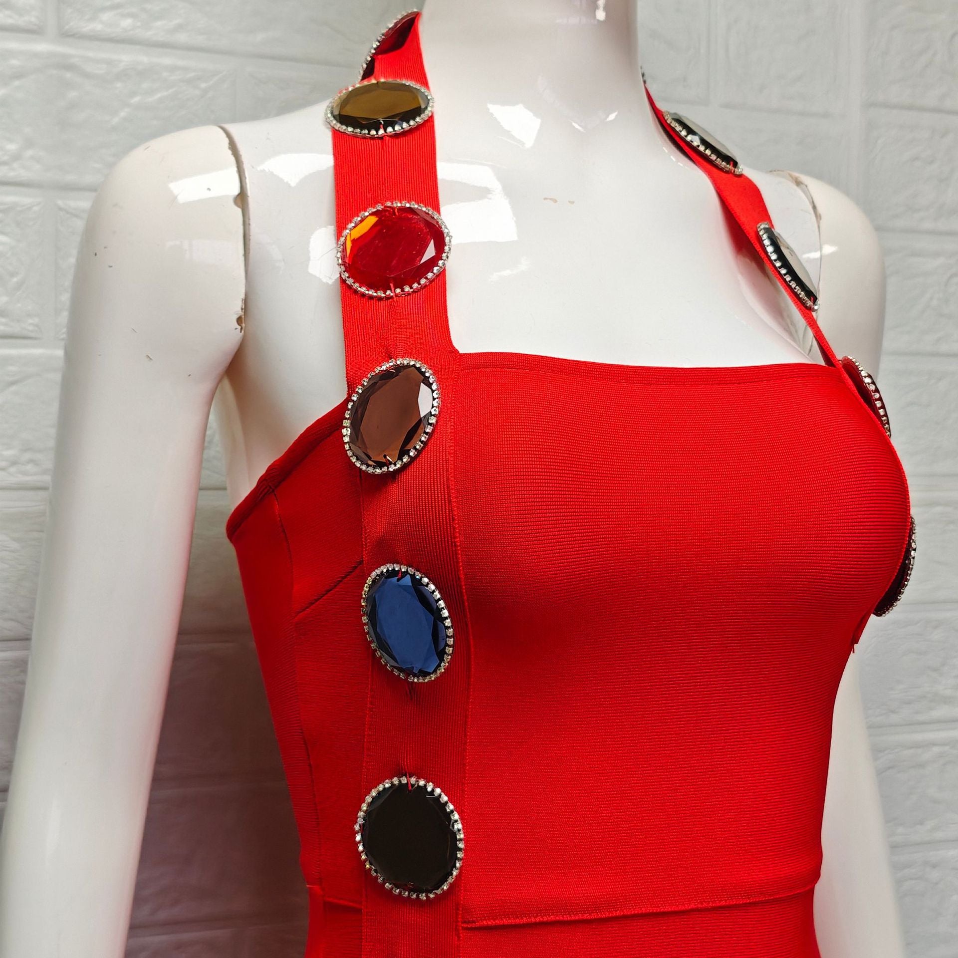 Red Heavy Stretch Crepe Column Dress - OWNCI