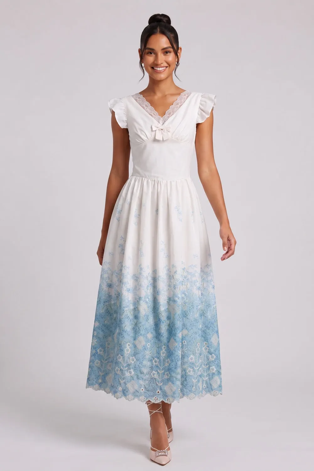 White Cotton Woven Fit-and-Flare Midi Dress with Gradient Floral and Eyelet - OWNCI White Cotton Woven Fit-and-Flare Midi Dress with Gradient Floral and Eyelet - OWNCI