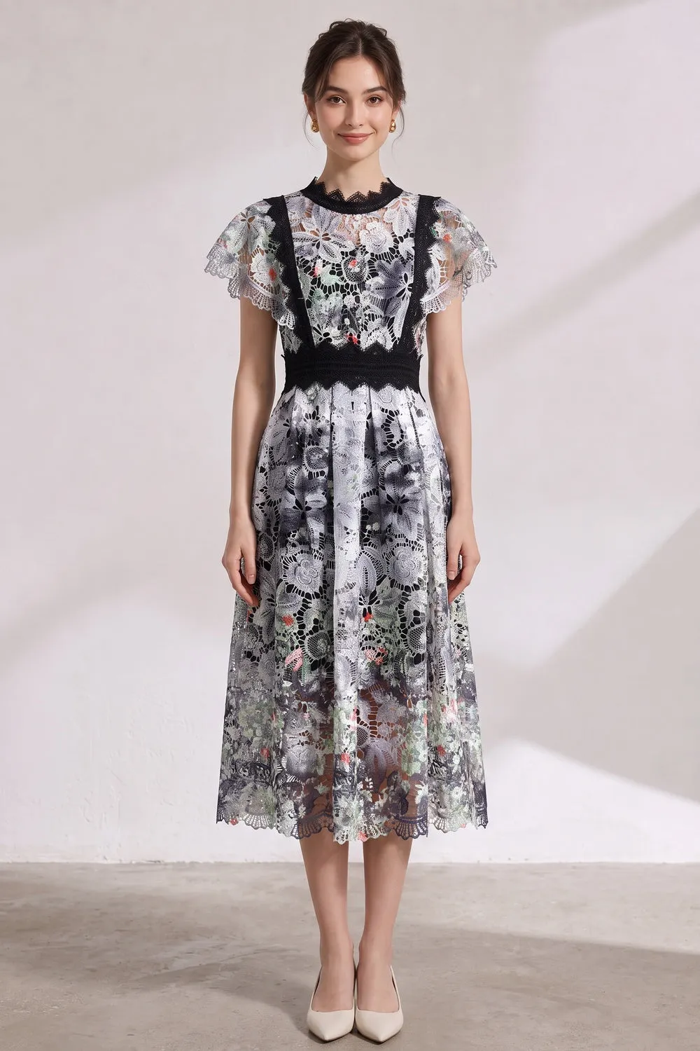 White Embroidered Guipure Lace Fit-and-Flare Midi Dress - OWNCI White Embroidered Guipure Lace Fit-and-Flare Midi Dress - OWNCI