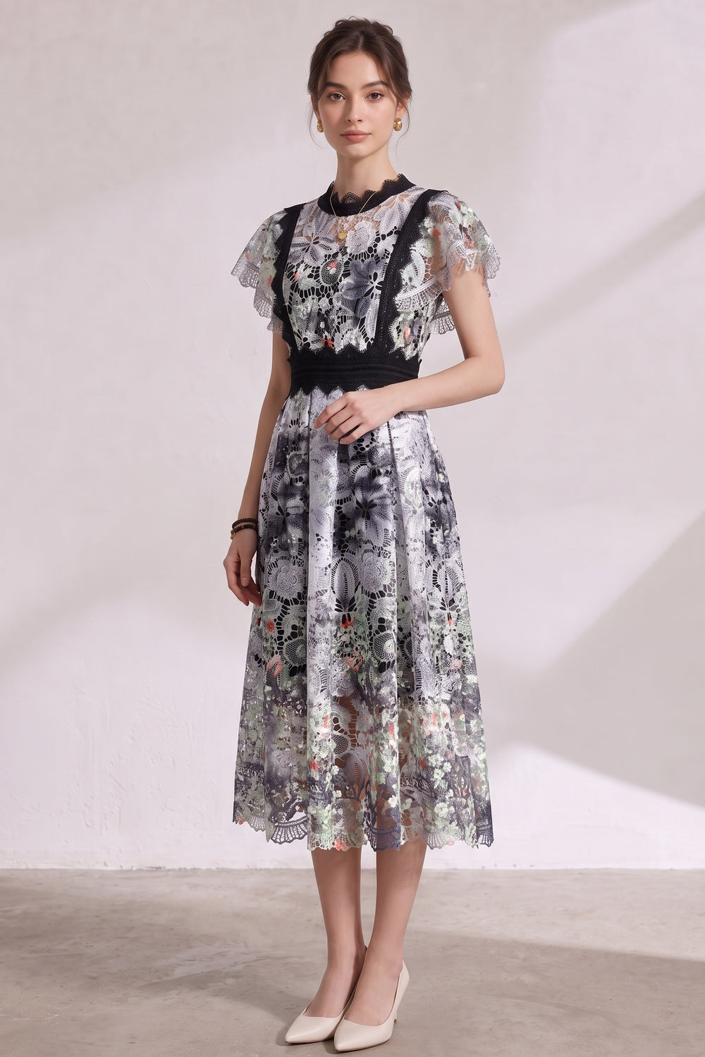 White Embroidered Guipure Lace Fit-and-Flare Midi Dress - OWNCI
