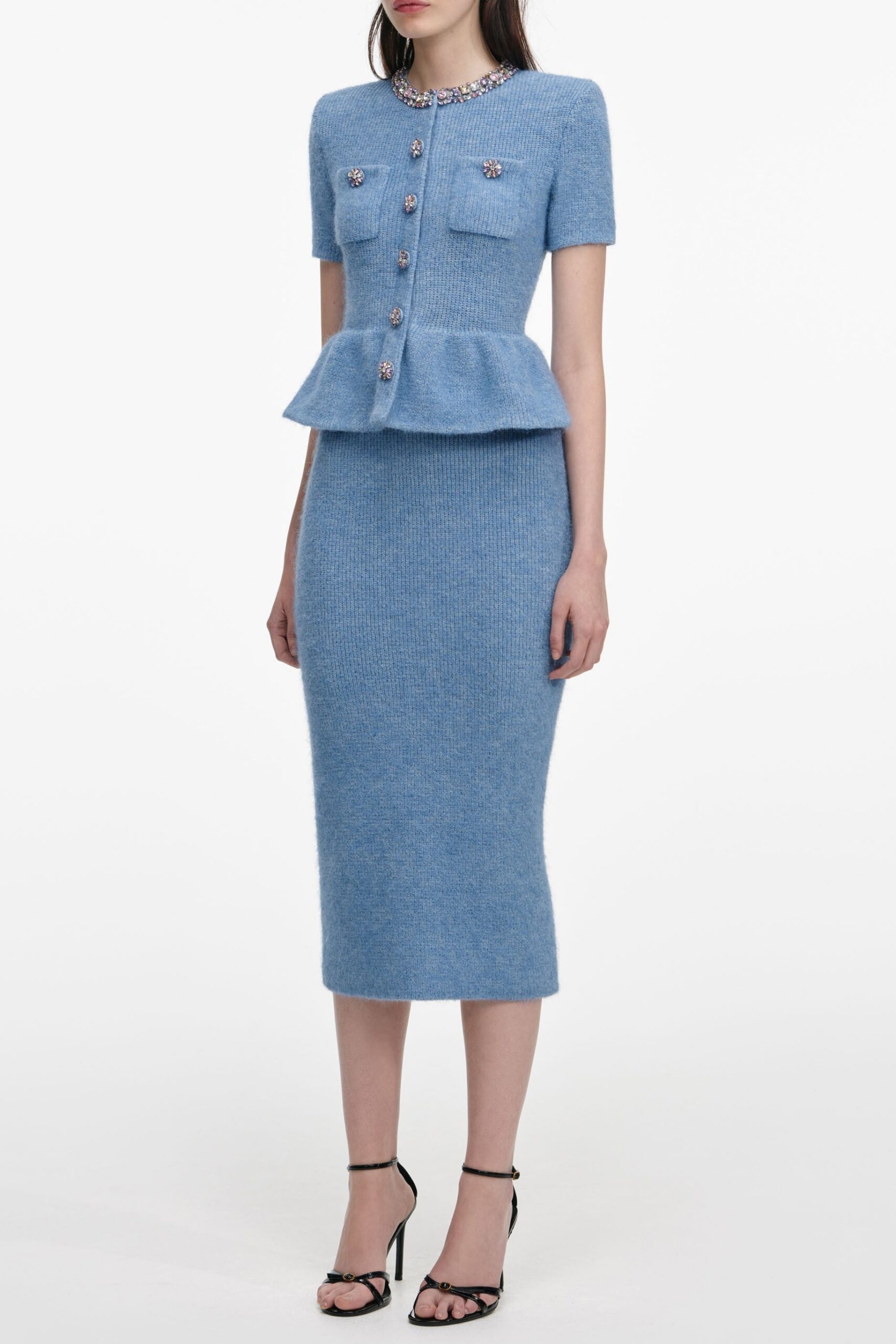 Kimberley Rhinestone Peplum Knit Midi Dress In Blue - OWNCI