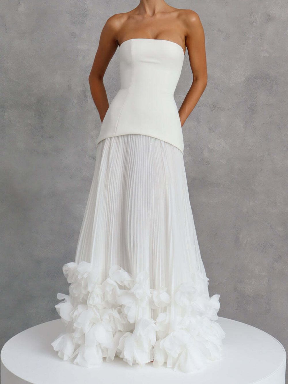 Ovarq Strapless Pleated Flower Maxi Dress In White - OWNCI Ovarq Strapless Pleated Flower Maxi Dress In White - OWNCI