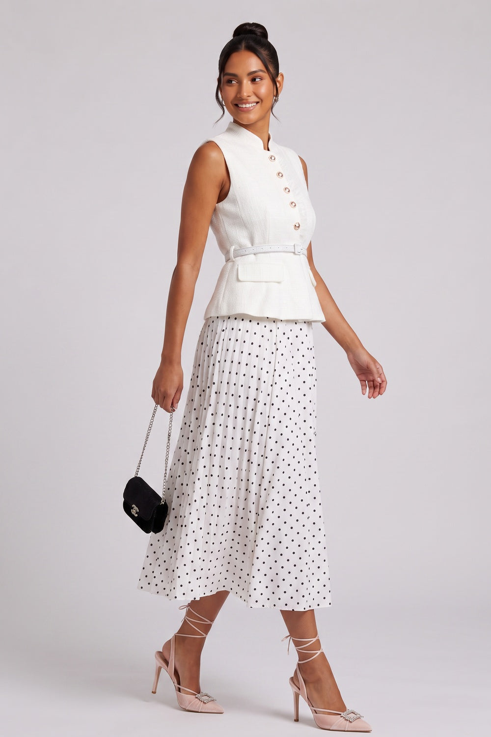 Sleeveless Textured Vest & Polka‑Dot Pleated Midi Skirt Two‑Piece Set - OWNCI Sleeveless Textured Vest & Polka‑Dot Pleated Midi Skirt Two‑Piece Set - OWNCI