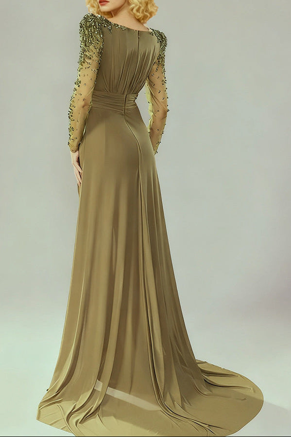 Nail Bead Set With Diamonds Small Trailing Long Dress Olive Green - OWNCI