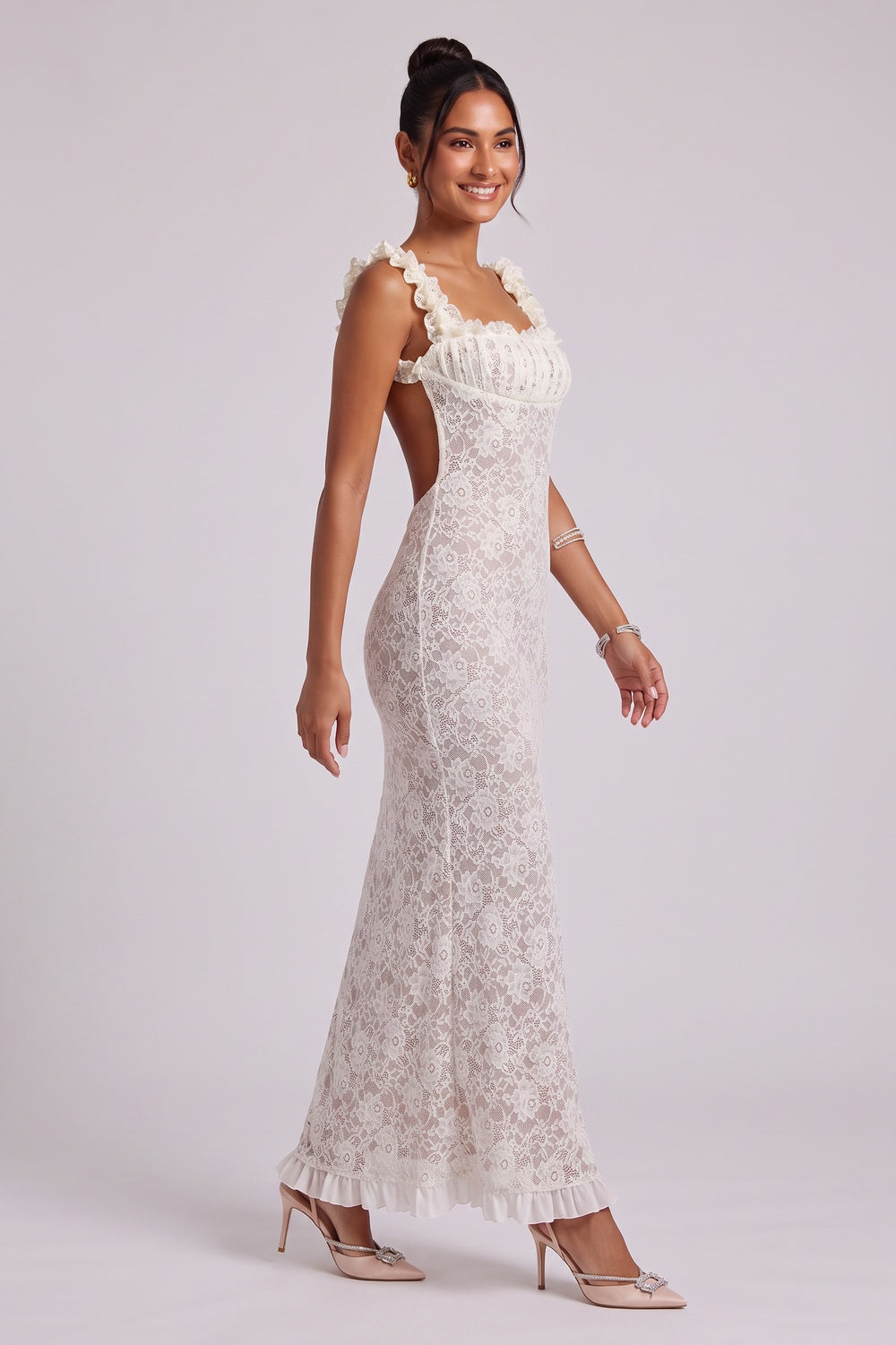 White Lace Maxi Dress with Ruffled Square Neckline - OWNCI White Lace Maxi Dress with Ruffled Square Neckline - OWNCI
