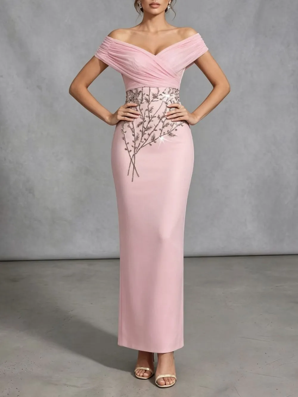Draped Bardot Crystal Floral Maxi Dress Pink - OWNCI