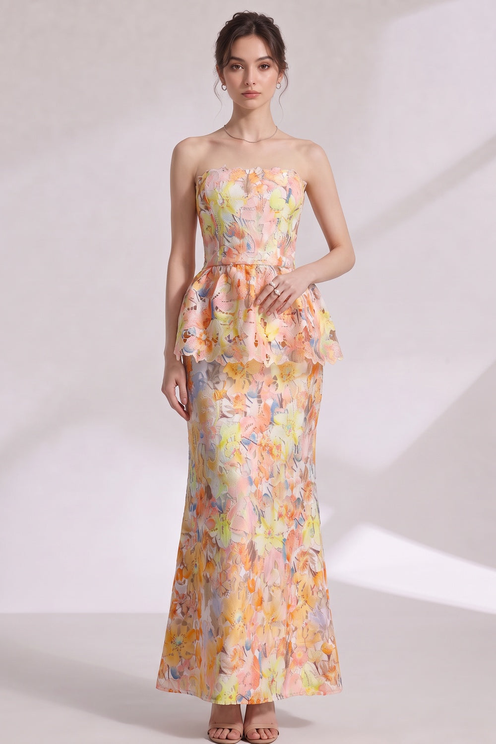 Yellow Laser-Cut Lace Column with Peplum Gown - OWNCI Yellow Laser-Cut Lace Column with Peplum Gown - OWNCI