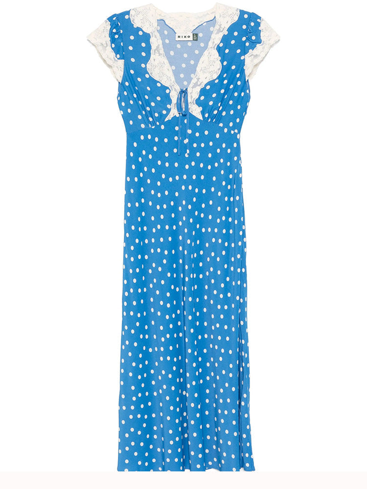 Lyuba Polka Dot Lace-Trimmed V-Neck Maxi Dress In Blue - OWNCI Lyuba Polka Dot Lace-Trimmed V-Neck Maxi Dress In Blue - OWNCI