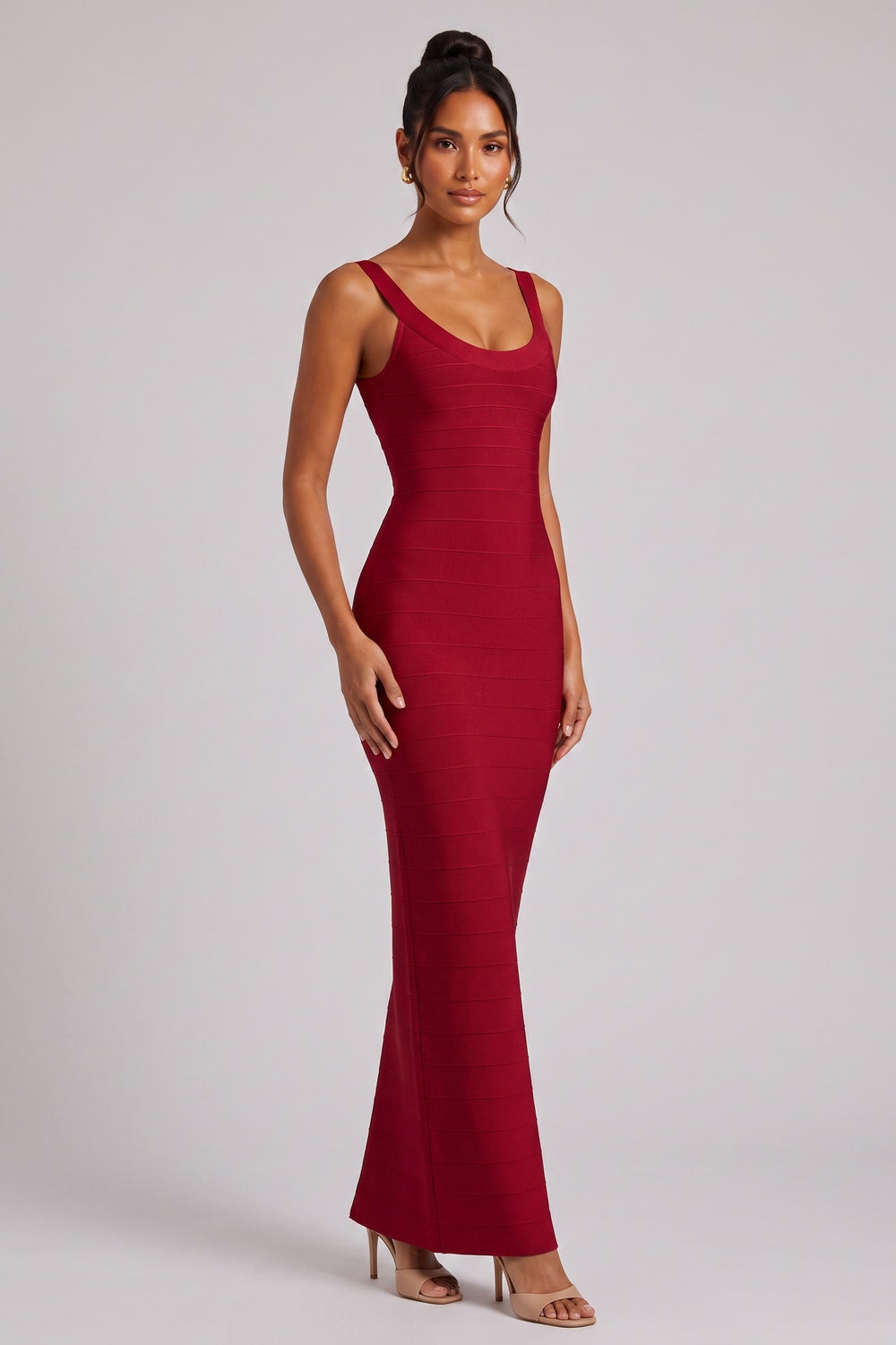 Burgundy Scoop Neck Sleeveless Bandage Midi Dress - OWNCI
